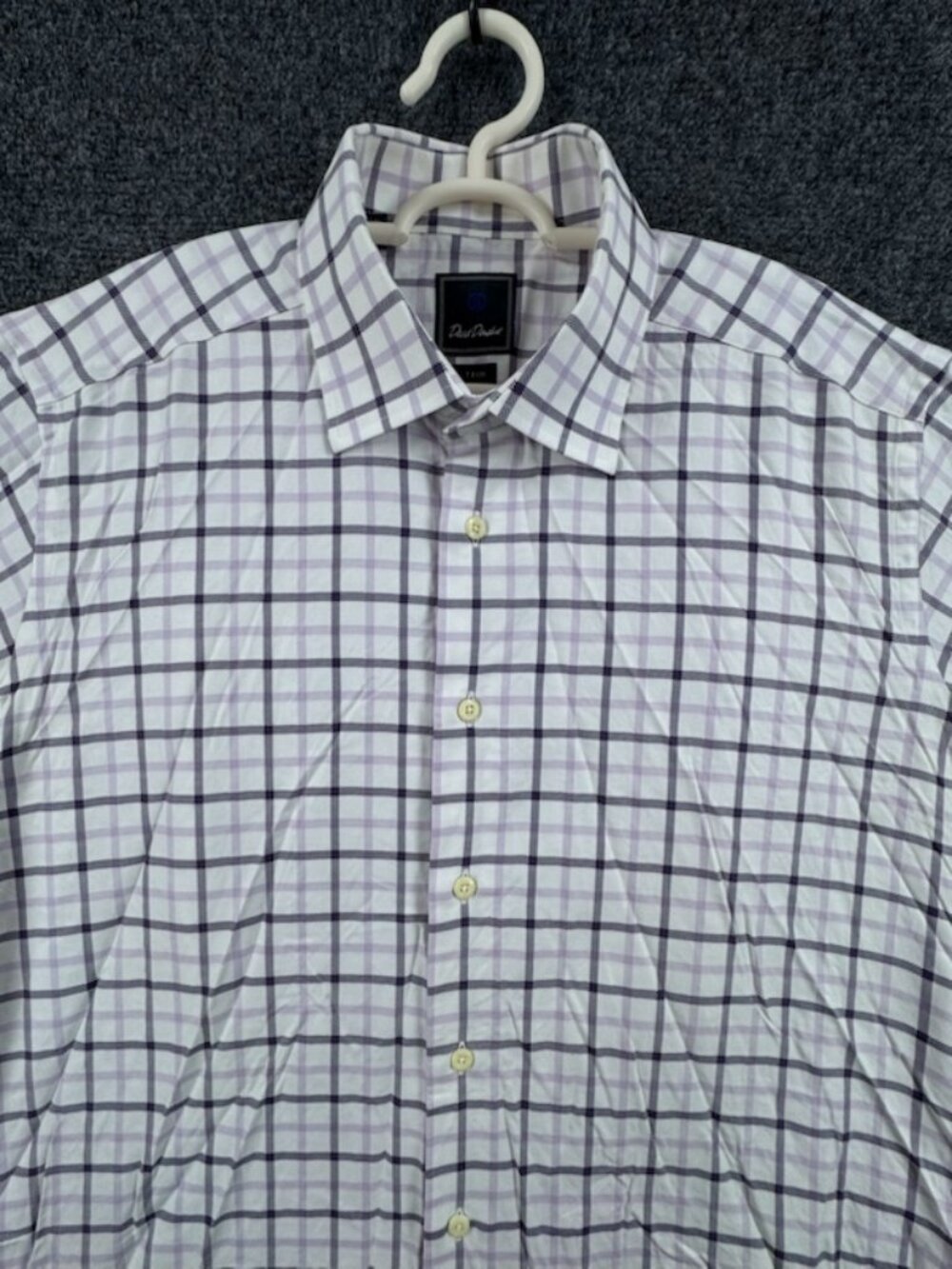 David Donahue White Purple Trim Cotton Check 17 34/35 Mens Premium Shirt Adult